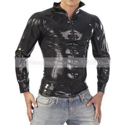 Solid Black Rubber Latex Male Shirt with Front Zip S-LSM001