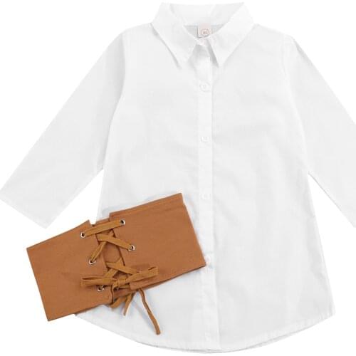 Citgeett Autumn Kids Girls Outfit Solid Color Long Sleeves Buttons Shirt Dress + Cross Straps Spring Clothes Set 1-6Years