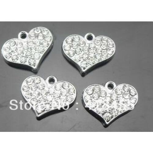 100pcs/lot full rhinestones heart hang pendant charms fit for diy phone strips key chains