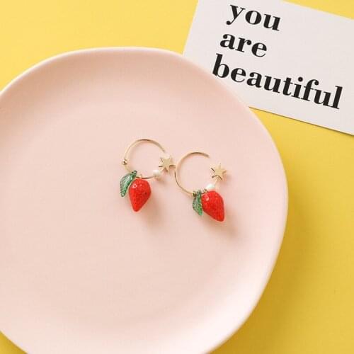 Origin Summer Japanese Star Lemon Strawberry Dangle Earring for Women Femme Holiday C Shape Fruit Gold Metallic Earring Jewelry