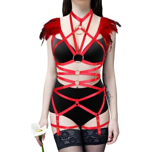 Sexy Full Body Hollow Out Harness Lingerie Set Women Gothic Feather Vest Bra Belt Bondage Straps Suspenders Corset Festival Rave