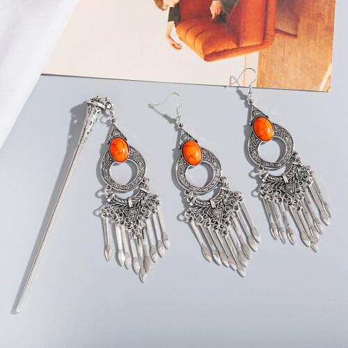 2pcs Boho Vintage Earring And Hairpin Set Women Accessories Girl Gift Tassel Stone Earrings Hair Sticks For Hair Jewelry Trendy