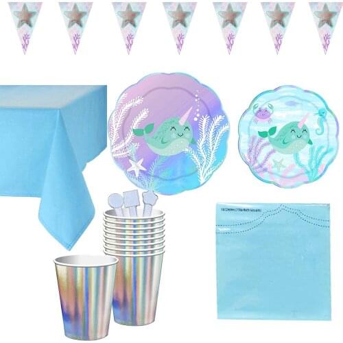 Blue Ocean Birthday Party Decorations Disposable Tableware Cups Plates Set Mermaid Party Kids Baby Shower Party Supplies