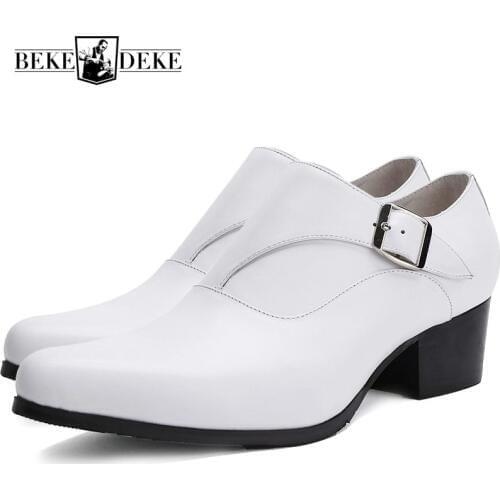 Mens Genuine Leather Dress Shoes High Heels Pointed Toe Increased Designer Wedding Man Footwear White Black Office Work Shoes
