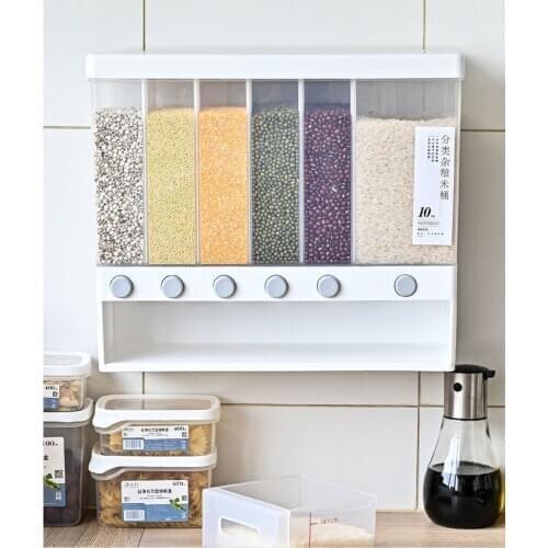 Moisture-Proof Wall Hanging Cereal Dispenser 6 Grids Rice Container Plastic Automatic Sealed Food Storage Box For 10KG Foods
