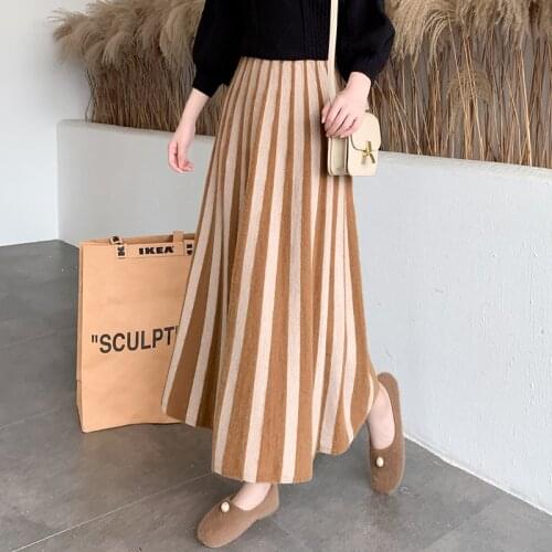 New Arrival Autumn Winter Women Imitation Mink Striped Knitted Skirt Elegant Slim High Waist Big Hem Long Skirt Vintage Skirt