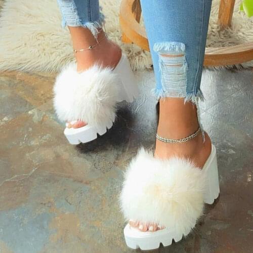 Woman Fury Slippers Furry Slides Pumps High Heels Platform Women Party Square Fur Furry Sandals White Red 2020