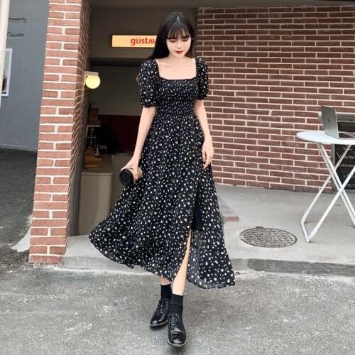 Plus Size Summer Women French One-Line Neck Strapless Chiffon Floral Dress 2021 Fashion Vintage Tube Top Side Slit Long Skirt