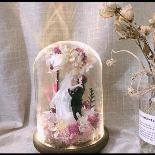 1set DIY LED Dried Flower Bride Groom Glass Cover Anniversary Valentines Day Gift Couple Miniature Figurines Wedding Decor