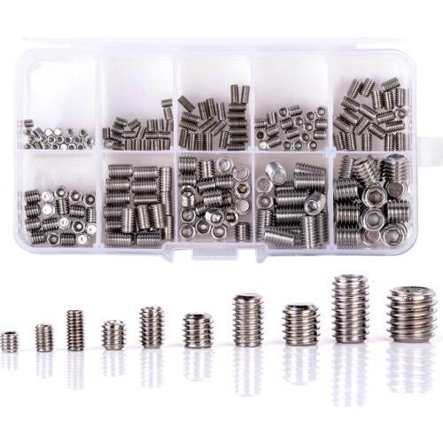 200Pcs 304 Stainless Steel Grub Screws Hex Socket Screw Assortment Kit Set M3/M4/M5/M6/M8