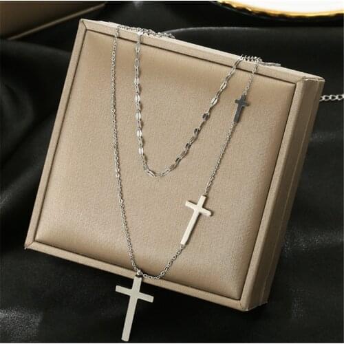 316L Stainless Steel Cross Double Layer Necklace Female Chocker Simple Heart Necklace For Women No fade No Fade