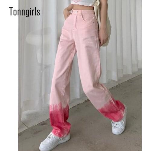 Tonngirls Plus Size Jeans Tie Dye Jeans Woman High Waist Casual Loose Mom Jeans Denim Wide Leg Pants Oversize Pink Jenas Pants