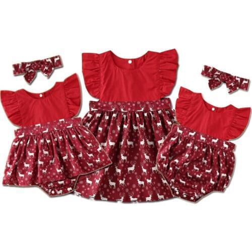 New 2019 Baby Girls Sister Matching Xmas Christmas Romper Dress Ruffles Sleeve Deer Print Romper Dress Clothes