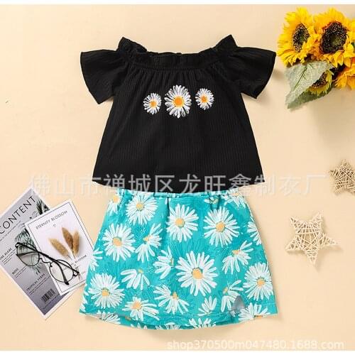 2 Pieces Kids Suit Set Summer Clothes Set Print Boat Neck Short Sleeve Pullover+ A-Line Skirt for Toddler
