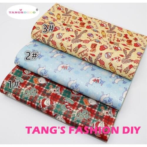 3PCS--20x22cm DIY Hair Bow Material Christmas Printed Glitter PU Synthetic Faux Leathers