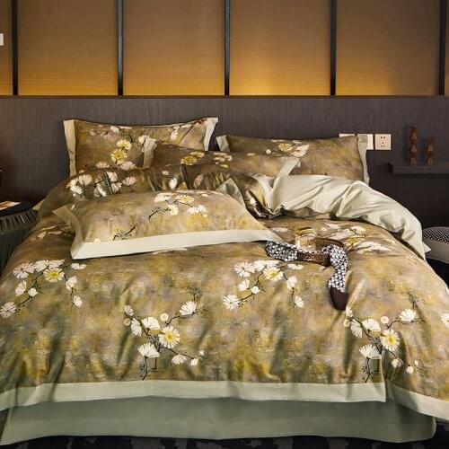 Luxury Flowers Cotton Bedding Set Satin Duvet Cover Set Bed Linen Fitted Sheet Pillowcases Home Textile King Queen Size 4PCS