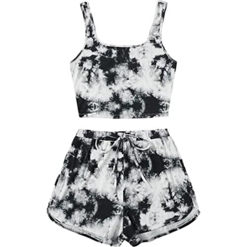 Womens Fashion Shorts Suit Womens Tie-Dye Printing Two Piece Outfits Sleeveless Casual Cami Top and Shorts Set шорты женский