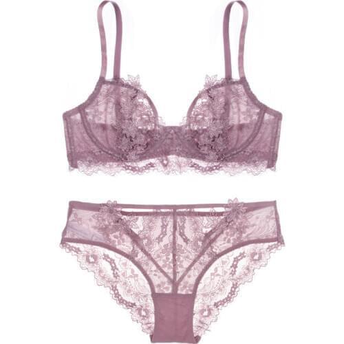 Sexy Women Bra And Panty Set Hollow Floral Embroidered Eyelash Lace Under Wire Bra Luxury Lingerie Briefs Thong Set Underwear