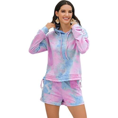 Short Suits Women Pajama Set Leisure elegance Sleepwear Tie-dye Loungewear Hoodie Drawstring Shorts Nightwear Womens Clothing
