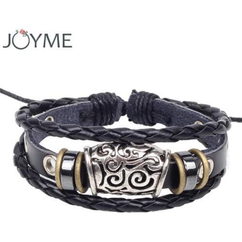 Leather Rope Wrap Bracelet For Men Women Cool Vintage Adjustable Charm Stainless Steel Bracelets Layered Punk Jewelry