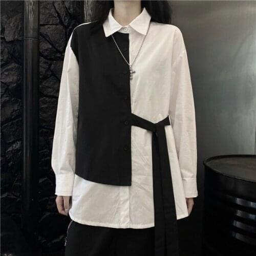 ZCSMLL Autumn winter Korean Harajuku style black white stitching design belt Hanfu style loose long-sleeved shirt female trend