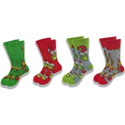 A Pair of High-Quality Mens Toewl Socks Grinch Pattern Soft and Comfortable Red Gray Green Senior Sewing Tube Crew Socks