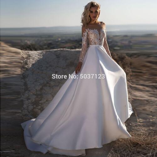 2021 Long Sleeves Wedding Dresses Satin A Line Scoop Illusion Button Back Wedding Bridal Gowns Vestido De Noiva Court Train