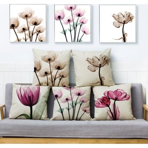 Watercolor Transparent Flower Print Plant Cushion Cover Waist Without Filling Home Decor Square Linen Pillow Case