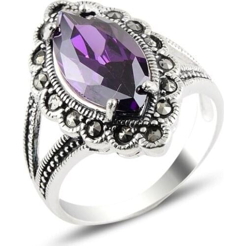 Silver 925 Sterling Amethyst Zircon & Marcasite Ring