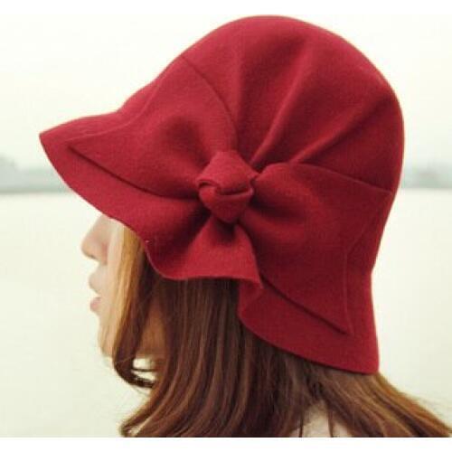 Girls Fashion Fedoras Hat Female Leisure Wool Fedoras Cap Bow Knot Autumn Winter Wool Hat Folding Lady Elegant Dome Adjust B8953