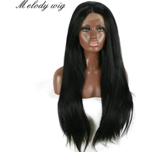 Melody Synthetic Lace Front Wigs Heat Resistant Fiber Natural Black Long Yaki Straight for Women Natural Looking Cosplay&Party