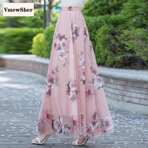 VmewSher New Spring Women Long Skirt Floral Leaves Print Fashion Lady Elegant Summer Chiffon Skirts Boho High Waist Plus Size