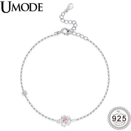 UMODE 2019 New 925 Sterling Silver Pink Purple Sakura Flower Bracelets for Women CZ Zircon Link Chain Adjustable Jewelry ALB0136