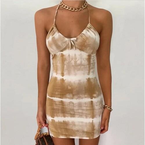 Women Summer Halter Tie Up Dress Summer Sexy Tie-Dyed Straps Low-Cut Tight Sundress Party Club Chic Lady Backless Mini Dress