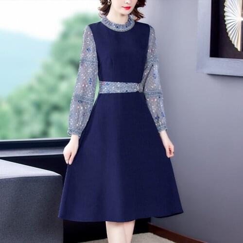 2021 Elegant Bodycon Office Midi Dresses Spring Autumn Korean Vintage Floral Chiffon Patchwork Dress Women Casual Solid Vestidos