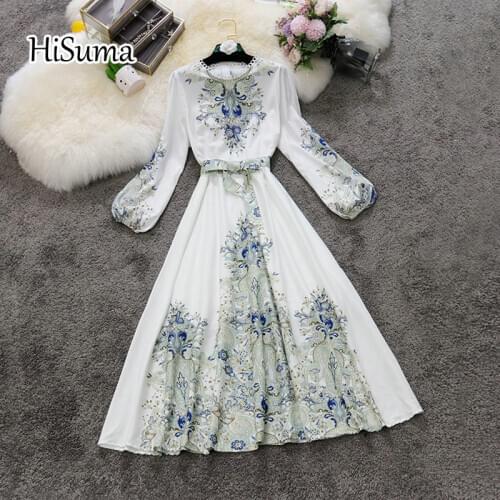 2020 Autumn Winter New Women O-Neck Lantern Sleeve Print Chiffon A-Line Fairy Dress Female Chic Elegant Lace-Up Waist Dresses