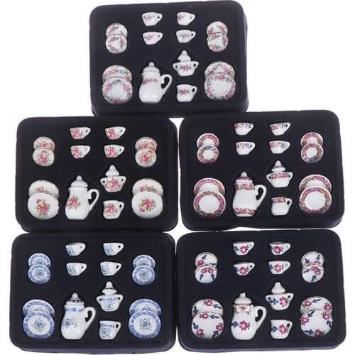 15Pcs 1:12 Miniature Porcelain Tea Cup Set Chintz Flower Tableware Kitchen Toys For Children Dollhouse Furniture