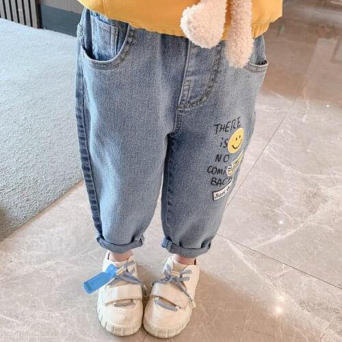2021 Spring New Kids Jeans Pants 2 3 4 5 6 7 Y Toddler Girls Casual Denim Pants Childrens Letter Smiley Print Jeans Trousers