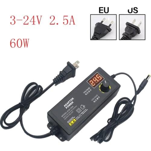 3-24V 2.5A 60W Power Adapter Adjustable Supply Adjustable Light LED Display Switching Power US/EU Plug Power Supply Switch