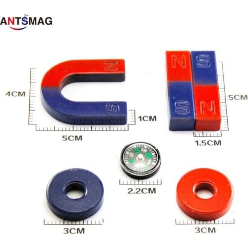 5Set Ferrite Magnet Kit Education Science Experiment BAR HORSESHOE RING MAGNET Comapass Kids Toy