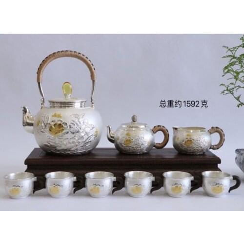Silver pot 999 sterling silver handmade tea set Japanese retro teapot kettle home tea ceremony Kungfu tea set 1100ml
