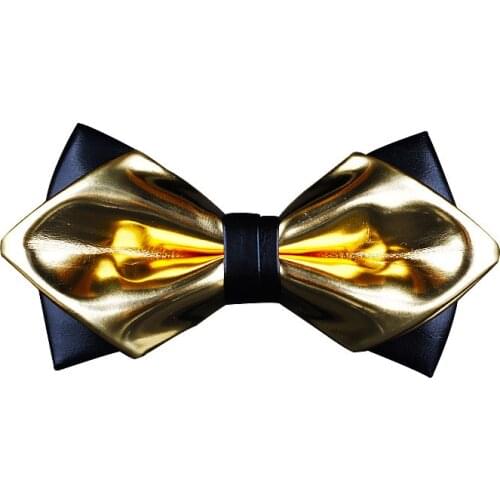 Exclusive Designer Fashionable Gold Pu Leather Pointed Luxury Bow Tie Bright Nightclub Bowtie Gifts for Men Accessories
