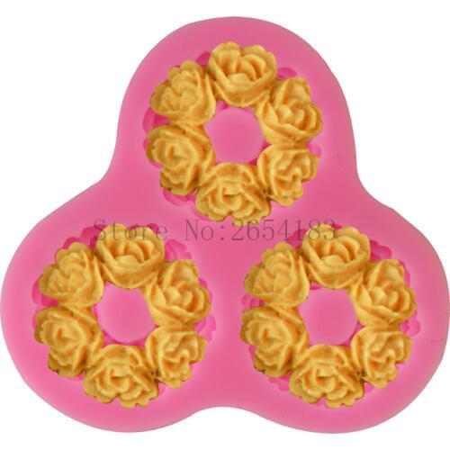 3hold Flower Rose Wreath Cake Mold Silicone Fondant Soap Cupcake Jelly Candy Chocolate Decoration Baking Tool Moulds FQ3326