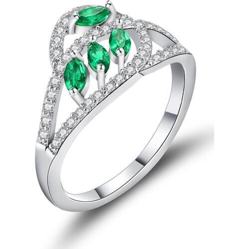 Hainon Elegant Silver Color Engagement Rings for Female Green White Crystal Zircon Leaf Ladies Wedding Rings for Women Jewelry