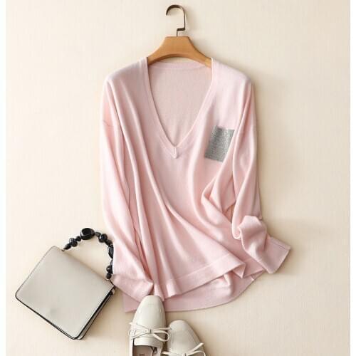 100% cashmere v neck sweater knitted women pocket long sleeve pink pullovers