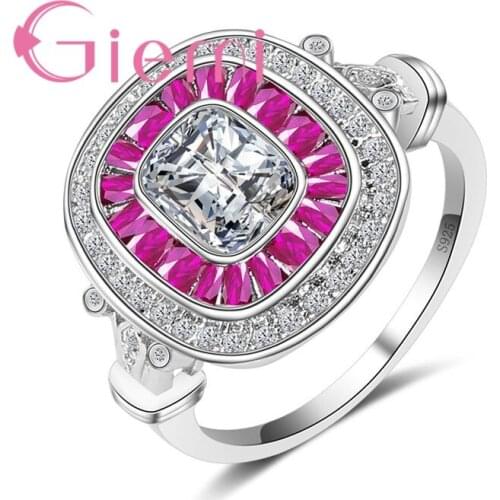 Classic Square Flower Pattern Red Crystal Stone Ring Proposed for Women Accessories and 925 Sterling Silver