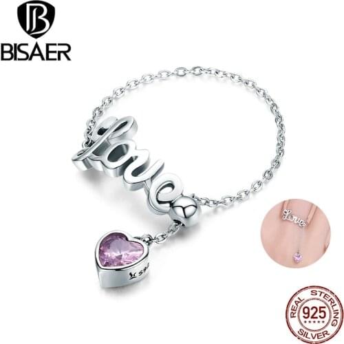 Real 100% 925 Sterling Silver Pink Heart Love Letters Finger Rings for Women Girl Fashion Ring Jewelry Wedding Gift