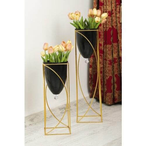 MHK Collection Metal Black Decorative Floor Flower Pot Gold Flip flower Pot-Vase 2'li slck
