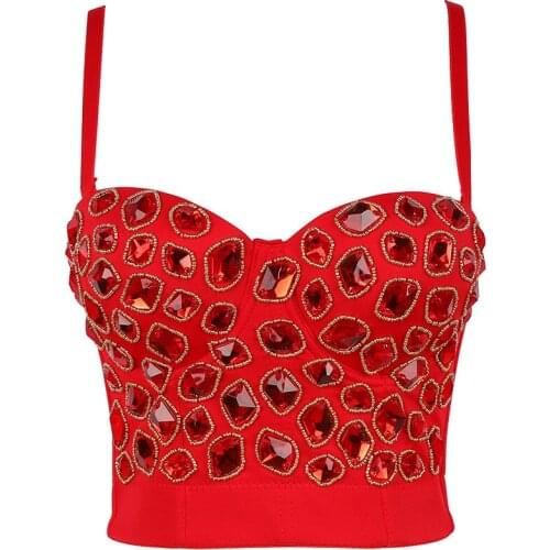 Red Rhinestones Women Bustier Corset Top Red Sleeveless Sexy Rave Outfit Festival Clothing 2021 Padded Crop Top Camisole