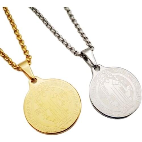 Religious Christian Jesus Round Medal Pendant Necklace Stainless Steel Small Slim Christian Praying Jewelry Necklace